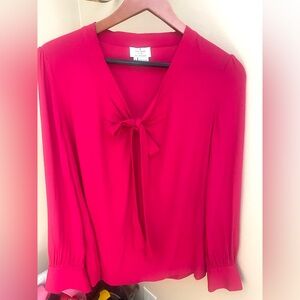 Kate Spade NY Tie Neck Blouse Long Sleeve Hot Pink Button Cuffs Viscose Sz S/M